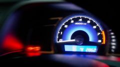 Close up of a speedometer in a car.