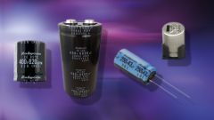 Four different types of electrolytic capacitors on a purple background.