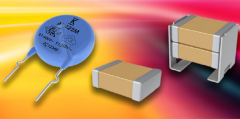 Different ceramic capacitors on a yellow and red background.