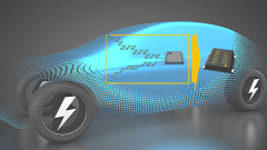 Abbildung des Monitor IC NJU7890 von NJR; ein elektrisches Auto im Hintergrund. .