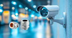 Graphic of EMC Cable Glands by AMPHENOL LTW and a security camera.