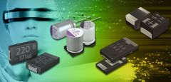 Different types of polymer capacitors on a colorful background.